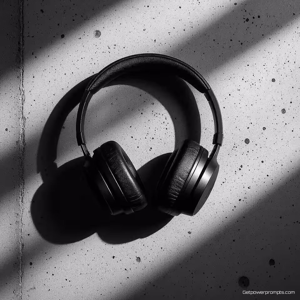 Draadloze hoofdtelefoon, industriële flat lay fotografie, beton achtergrond, dramatisch verlichting, vogelperspectief perspectief, rauwe urbane esthetiek, metalen elementen arrangement, monochroom kleurenschema, beton texturen, ondiepe scherptediepte, dramatische schaduwen, warehouse-stijl productpresentatie