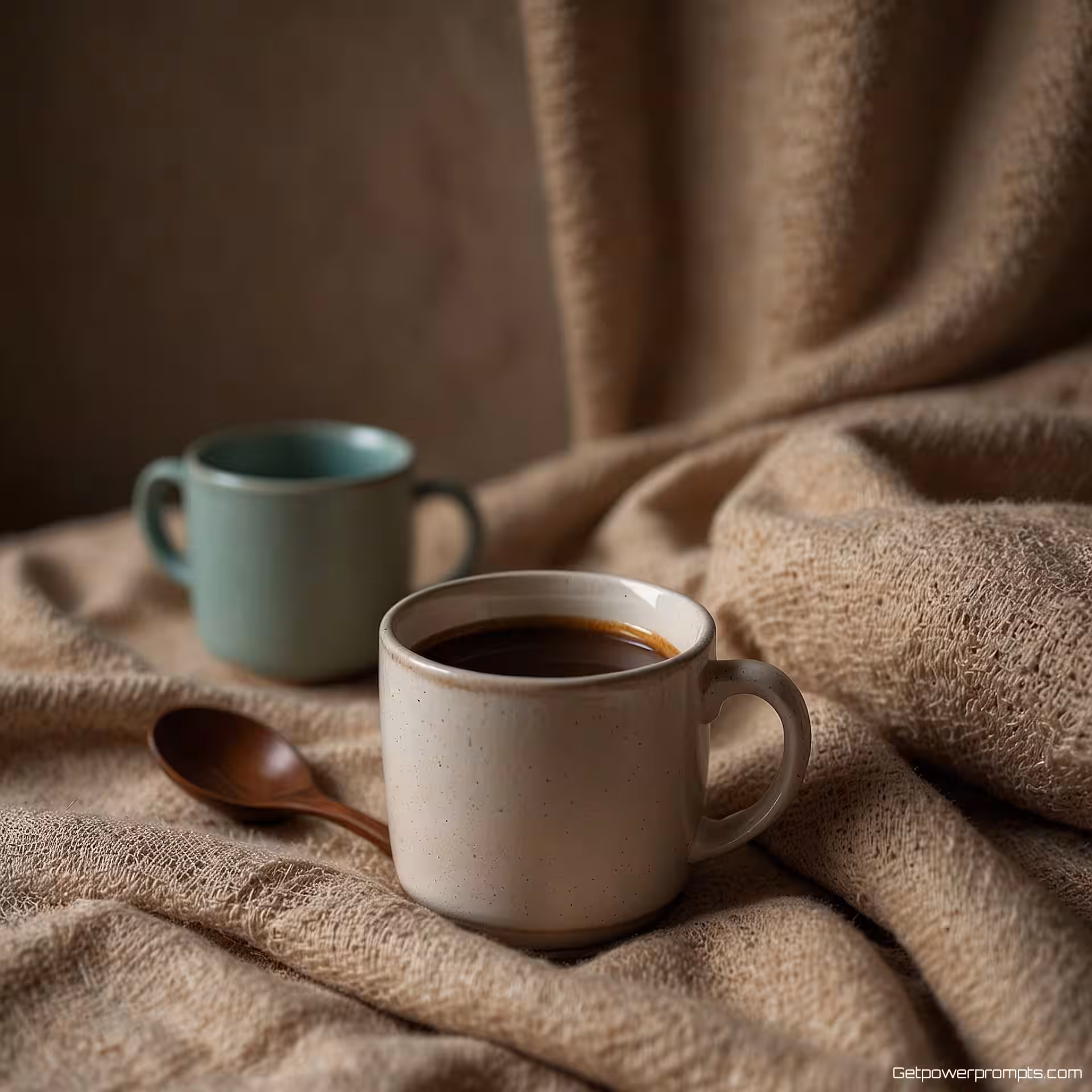 Ambachtelijke keramische koffiemok, lifestyle flat lay fotografie, linnen stof achtergrond achtergrond, natuurlijke raamverlichting verlichting, diagonaal arrangement perspectief, zachte achtergrond focus, authentieke lifestyle esthetiek, ondiepe scherptediepte, commerciële productpresentatie