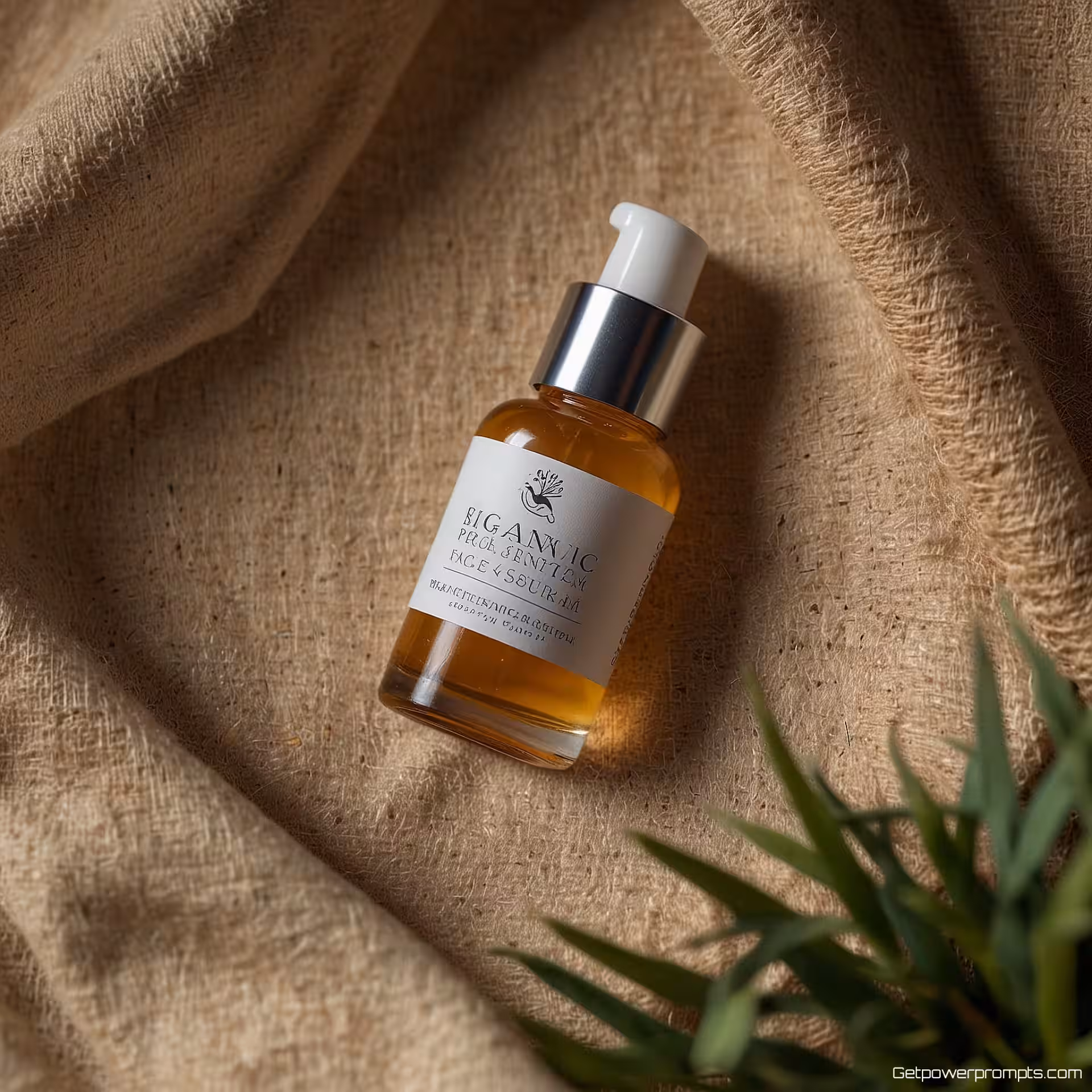 Organische gezichtsserum fles, lifestyle flat lay fotografie, linnen stof achtergrond achtergrond, zachte studiobelichting verlichting, vogelperspectief compositie perspectief, zachte achtergrond focus, authentieke lifestyle esthetiek, ondiepe scherptediepte, commerciële productpresentatie