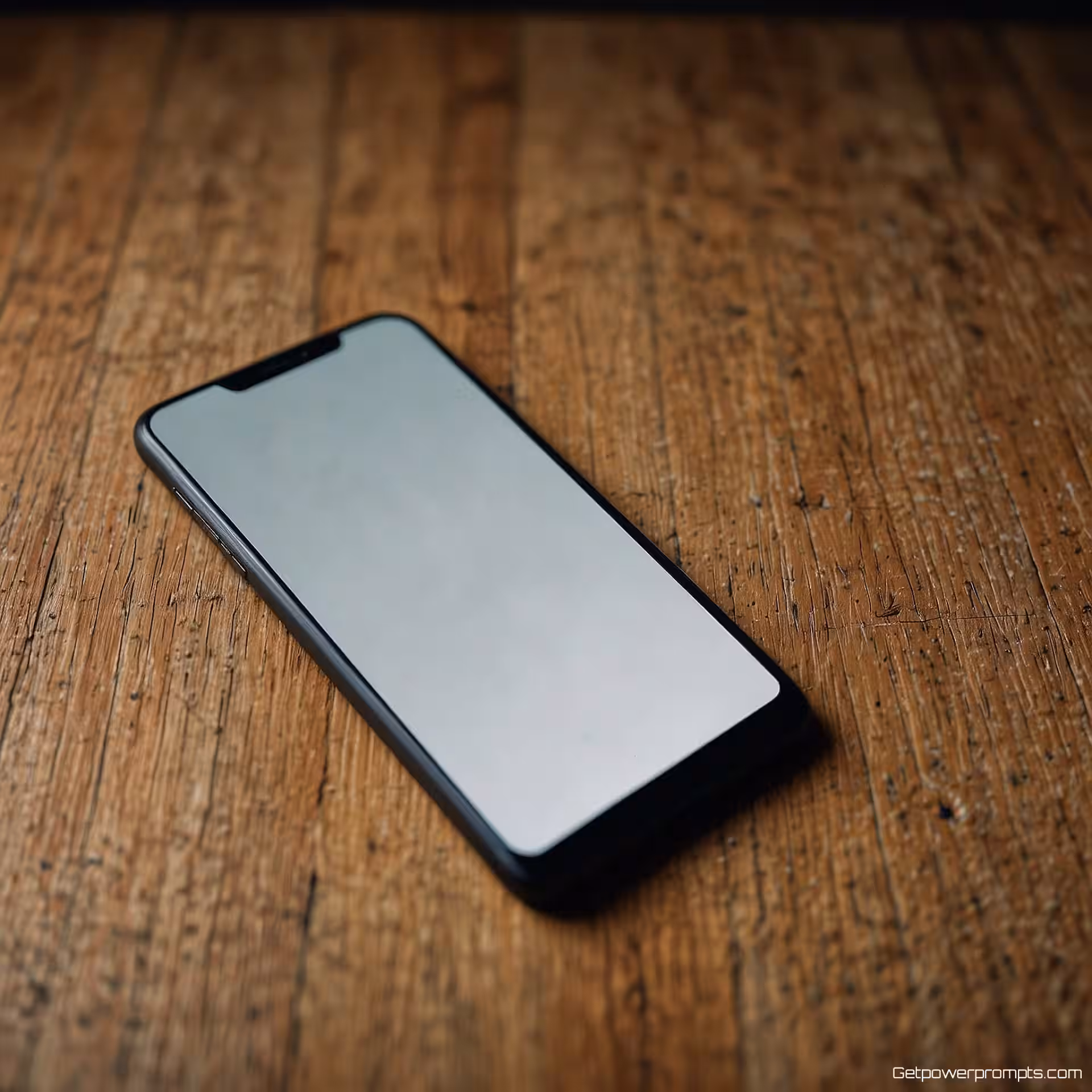 Smartphone, minimalistische flat lay fotografie, hout achtergrond, natuurlijk licht belichting, geometrisch perspectief, schoon esthetisch, geometrische opstelling, negatieve ruimte, commerciële productpresentatie, scherpe focus