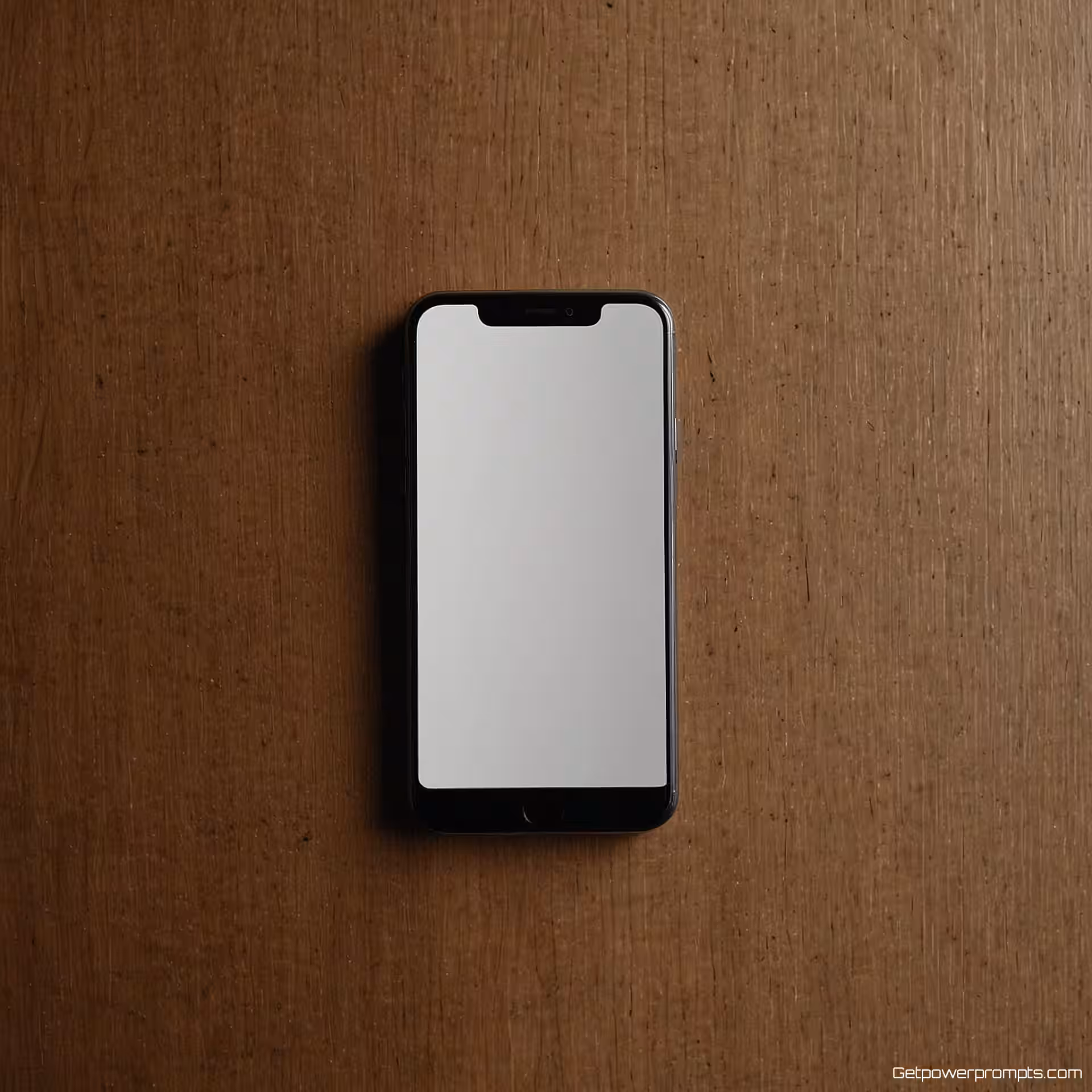 Smartphone, minimalistische flat lay fotografie, hout achtergrond, studiolicht belichting, geometrisch perspectief, schoon esthetisch, geometrische opstelling, negatieve ruimte, commerciële productpresentatie, scherpe focus