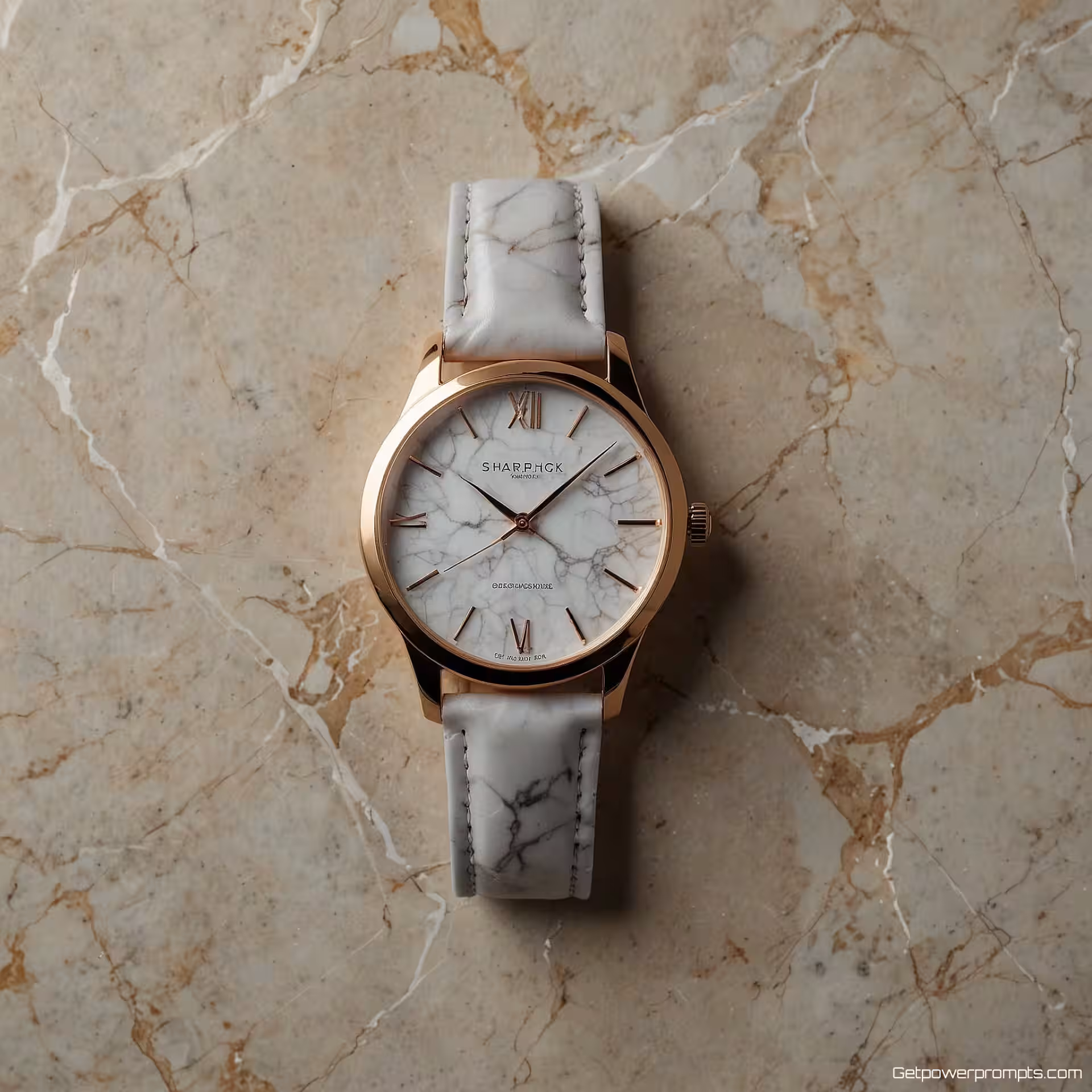 Horloge, minimalistische flat lay fotografie, marmer achtergrond, zacht licht belichting, geometrisch perspectief, schoon esthetisch, geometrische opstelling, negatieve ruimte, commerciële productpresentatie, scherpe focus