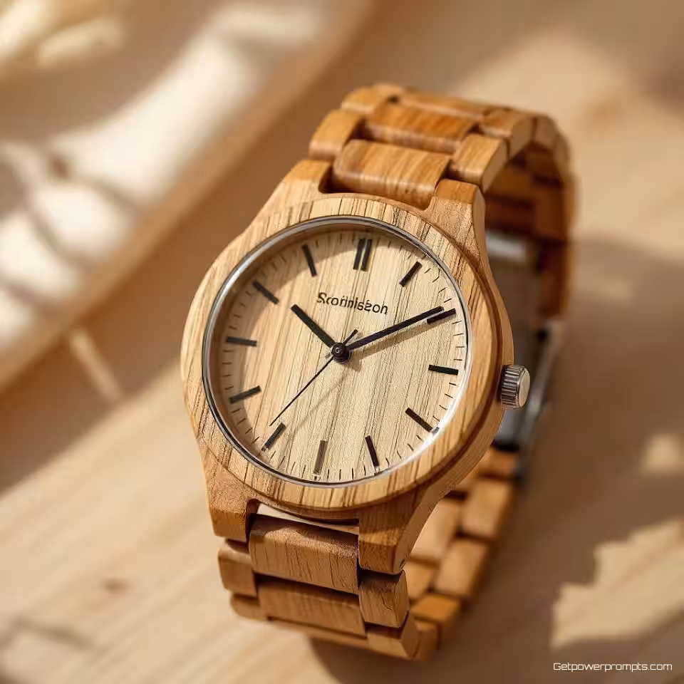 Houten horloge, scandinavische flat lay fotografie, licht hout achtergrond, zacht natuurlijk licht verlichting, gecentreerd perspectief, minimalistische noordse esthetiek, schikking van schone geometrie, natuurlijke houttexturen, zacht neutraal kleurenpalet, gebruik van negatieve ruimte, professionele productpresentatie, ondiepe scherptediepte, zachte natuurlijke schaduwen