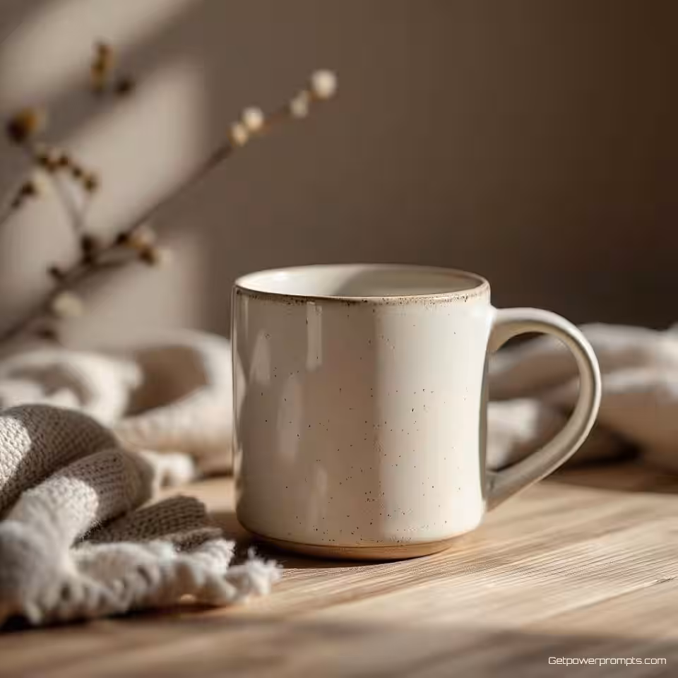 Keramische mok, scandinavische flat lay fotografie, licht hout achtergrond, zacht natuurlijk licht verlichting, gecentreerd perspectief, minimalistische noordse esthetiek, schikking van schone geometrie, natuurlijke houttexturen, zacht neutraal kleurenpalet, gebruik van negatieve ruimte, professionele productpresentatie, ondiepe scherptediepte, zachte natuurlijke schaduwen