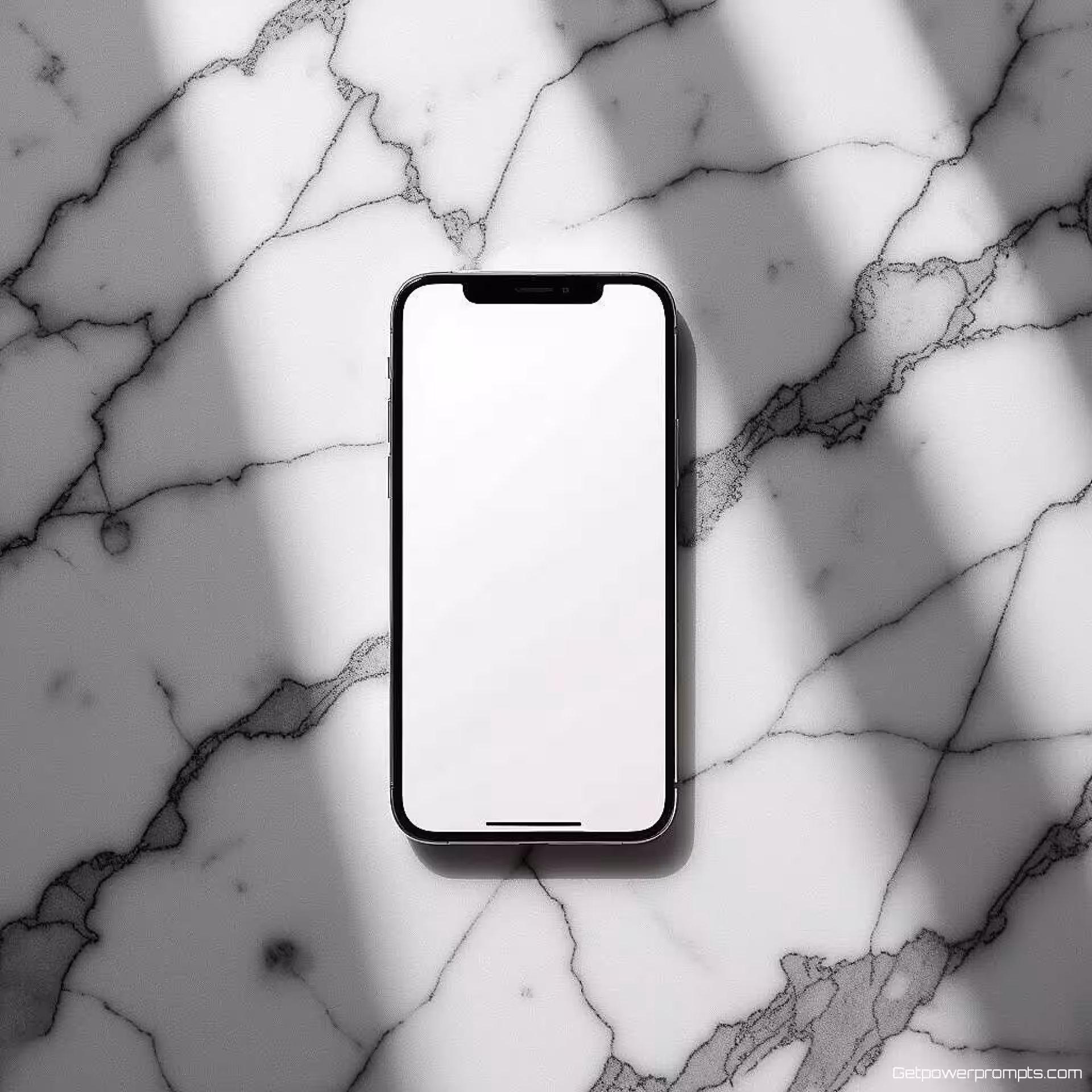 Smartphone, monochrome flat lay fotografie, marmeren oppervlak achtergrond, dramatische belichting belichting, gecentreerde compositie perspectief, tonale rangschikking, warm zwart-wit kleurenschema, minimalistische esthetiek, professionele productpresentatie, ondiepe scherptediepte, subtiele textuurvariaties, hoog contrast zwart-wit fotografie