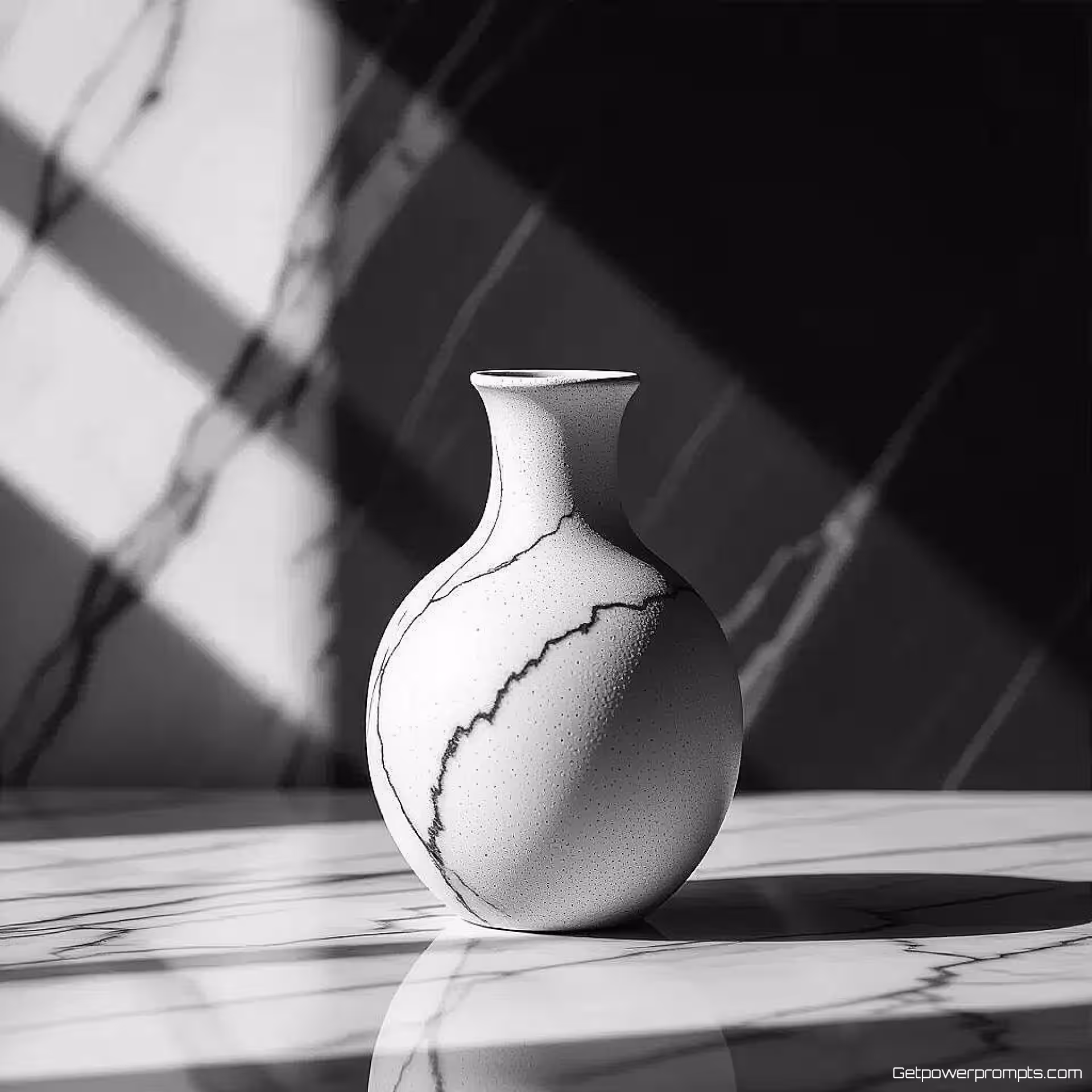 Keramische vaas, monochrome flat lay fotografie, marmeren oppervlak achtergrond, dramatische belichting belichting, gecentreerde compositie perspectief, tonale rangschikking, warm zwart-wit kleurenschema, minimalistische esthetiek, professionele productpresentatie, ondiepe scherptediepte, subtiele textuurvariaties, hoog contrast zwart-wit fotografie