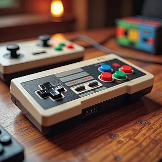 Retro gaming controller, retro gaming flat lay fotografie, houten gaming tafel achtergrond, warme ambiance verlichting verlichting, vogelperspectief compositie perspectief, vintage gaming esthetiek, 8-bit pixel art elementen, nostalgische opstelling, retro neon kleurenschema kleurenschema, ondiepe scherptediepte, zachte schaduwen, authentieke retro gaming sfeer, lifestyle productpresentatie