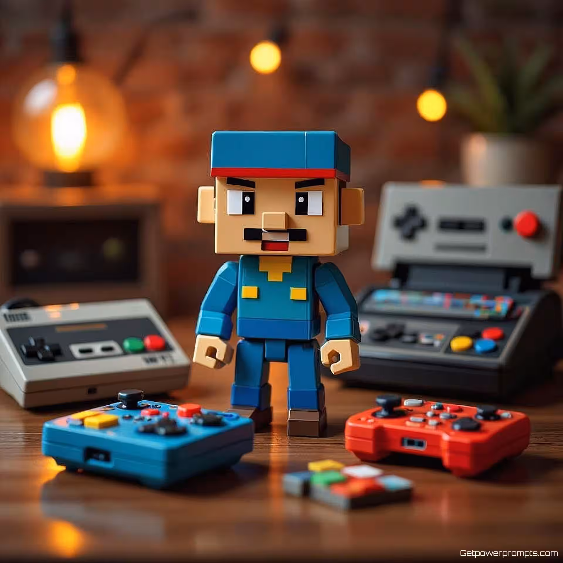 Gaming verzamelobject figuur, retro gaming flat lay fotografie, houten gaming tafel achtergrond, warme ambiance verlichting verlichting, vogelperspectief compositie perspectief, vintage gaming esthetiek, 8-bit pixel art elementen, nostalgische opstelling, retro neon kleurenschema kleurenschema, ondiepe scherptediepte, zachte schaduwen, authentieke retro gaming sfeer, lifestyle productpresentatie