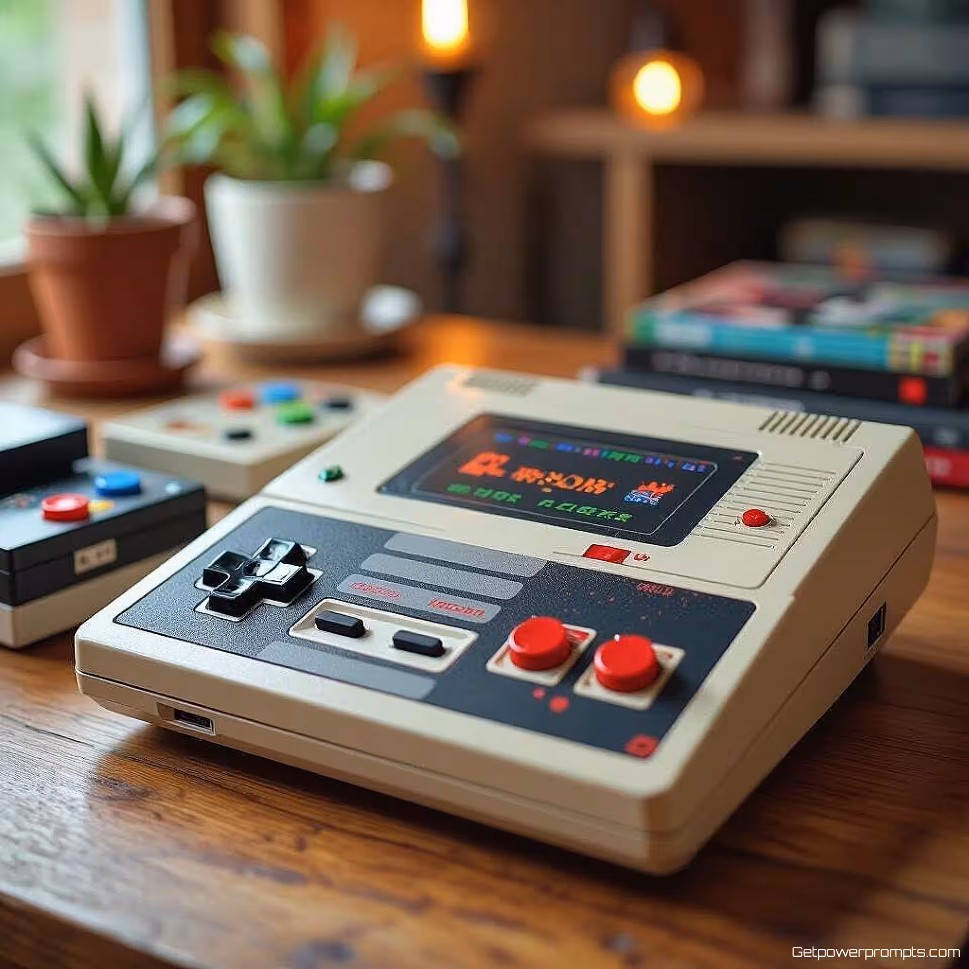Vintage game console, retro gaming flat lay fotografie, houten gaming tafel achtergrond, warme ambiance verlichting verlichting, vogelperspectief compositie perspectief, vintage gaming esthetiek, 8-bit pixel art elementen, nostalgische opstelling, retro neon kleurenschema kleurenschema, ondiepe scherptediepte, zachte schaduwen, authentieke retro gaming sfeer, lifestyle productpresentatie