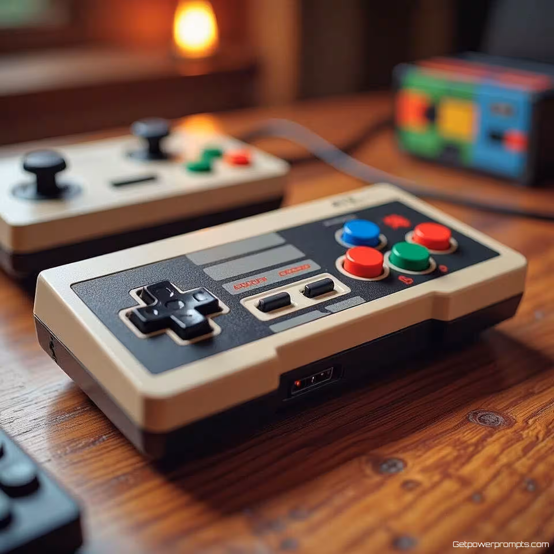 Retro gaming controller, retro gaming flat lay fotografie, houten gaming tafel achtergrond, warme ambiance verlichting verlichting, vogelperspectief compositie perspectief, vintage gaming esthetiek, 8-bit pixel art elementen, nostalgische opstelling, retro neon kleurenschema kleurenschema, ondiepe scherptediepte, zachte schaduwen, authentieke retro gaming sfeer, lifestyle productpresentatie