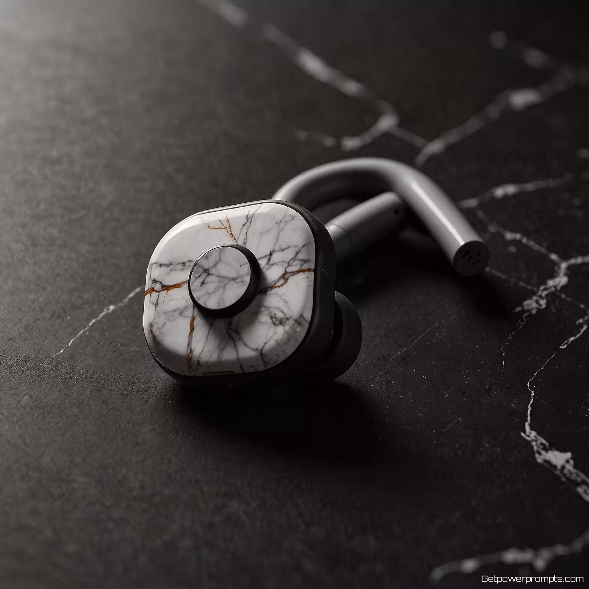 Draadloze oortelefoons, tech flat lay fotografie, marmeren oppervlak achtergrond, dramatische belichting belichting, ooghoogte perspectief, geometrische opstelling, moderne tech esthetiek, schone lijnen, professionele productpresentatie, scherpe focus, hedendaagse stijl, ondiepe scherptediepte