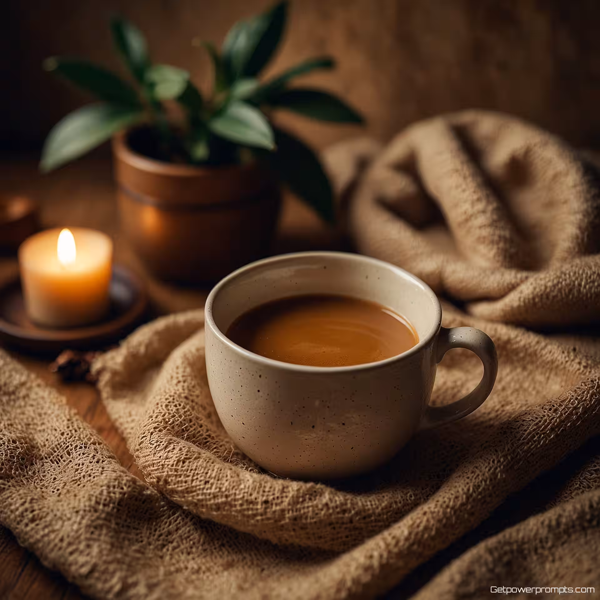 Ambachtelijke koffiemok, vintage flat lay fotografie, natuurlijke linnen stof achtergrond, warm omgevingslicht belichting, centrale focus perspectief, rustieke esthetiek, natuurlijke elementen arrangement, warm kleurenpalet, filmfotografie stijl, authentieke vintage sfeer, zachte schaduwen, getextureerd oppervlak