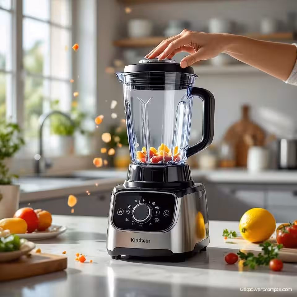 Keukenblender in actie, fotorealistisch, energiek sfeer, actiefoto perspectief, natuurlijk licht belichting, bewegingsonscherpe effect, dynamische beweging, stedelijk achtergrond, authentieke gebruikersinteractie