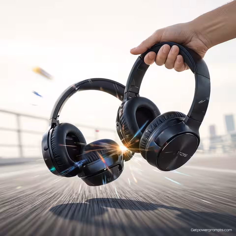 Draadloze hoofdtelefoon in actie, fotorealistisch, energiek sfeer, actiefoto perspectief, natuurlijk licht belichting, bewegingsonscherpe effect, dynamische beweging, stedelijk achtergrond, authentieke gebruikersinteractie