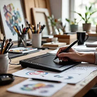 Digitale tekentablet, fotorealistisch, creatief sfeer, close-up perspectief, natuurlijk licht belichting, kunstenaarsstudio setting, creatieve werkruimte omgeving, handen die product gebruiken in artistieke context, gedetailleerde studiogereedschappen op de achtergrond, minimalistisch achtergrond, ondiepe scherptediepte, authentiek creatief proces, artistieke materialen rondom, studio-esthetiek