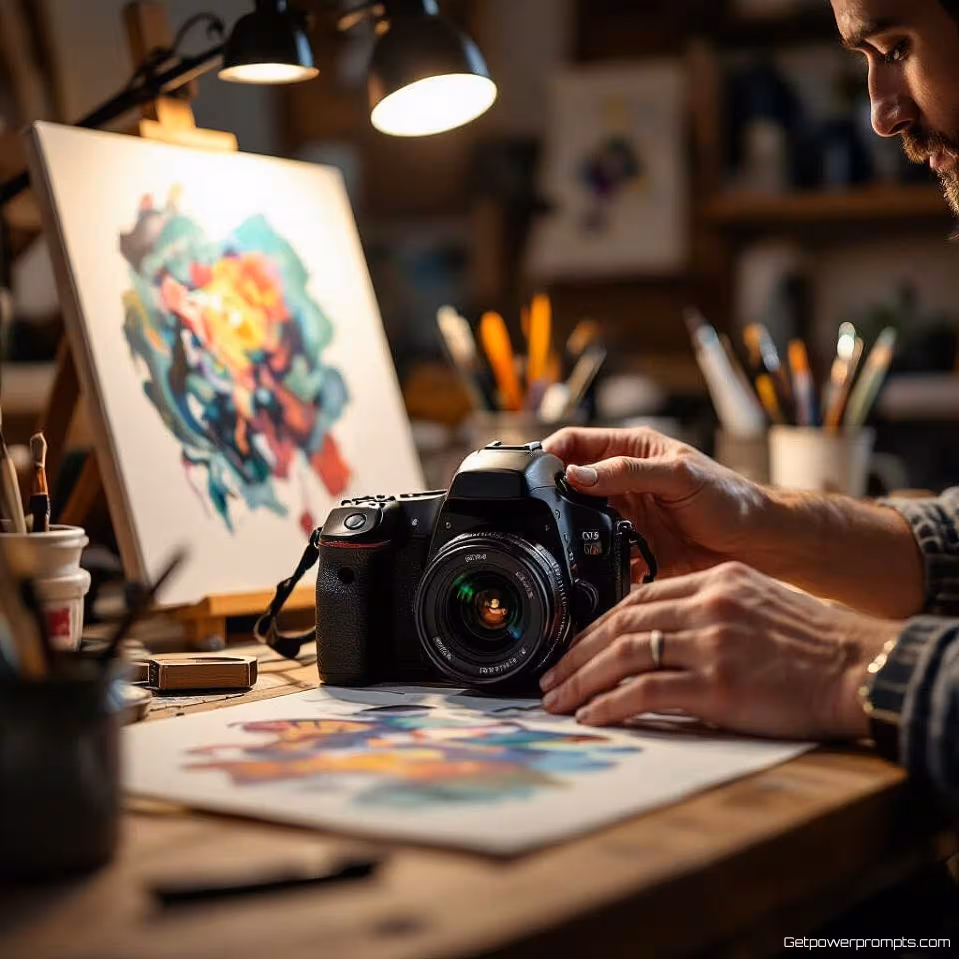 DSLR-camera, fotorealistisch, creatief sfeer, close-up perspectief, natuurlijk licht belichting, kunstenaarsstudio setting, creatieve werkruimte omgeving, handen die product gebruiken in artistieke context, gedetailleerde studiogereedschappen op de achtergrond, minimalistisch achtergrond, ondiepe scherptediepte, authentiek creatief proces, artistieke materialen rondom, studio-esthetiek