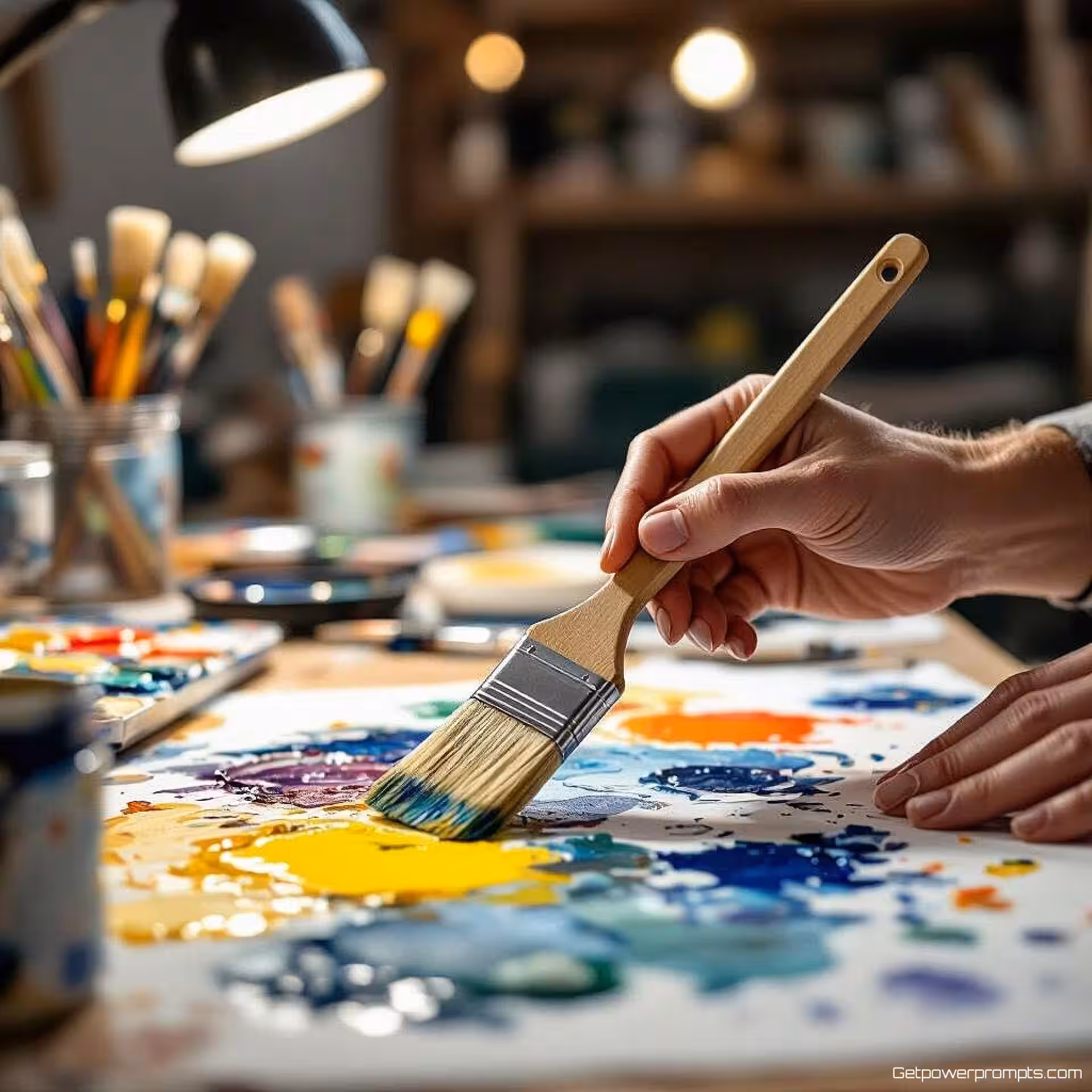 Professionele verfkwasten, fotorealistisch, creatief sfeer, close-up perspectief, natuurlijk licht belichting, kunstenaarsstudio setting, creatieve werkruimte omgeving, handen die product gebruiken in artistieke context, gedetailleerde studiogereedschappen op de achtergrond, minimalistisch achtergrond, ondiepe scherptediepte, authentiek creatief proces, artistieke materialen rondom, studio-esthetiek