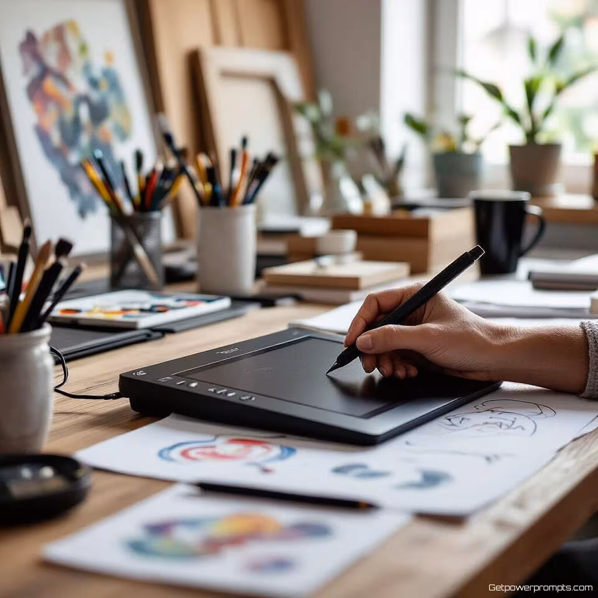 Digitale tekentablet, fotorealistisch, creatief sfeer, close-up perspectief, natuurlijk licht belichting, kunstenaarsstudio setting, creatieve werkruimte omgeving, handen die product gebruiken in artistieke context, gedetailleerde studiogereedschappen op de achtergrond, minimalistisch achtergrond, ondiepe scherptediepte, authentiek creatief proces, artistieke materialen rondom, studio-esthetiek