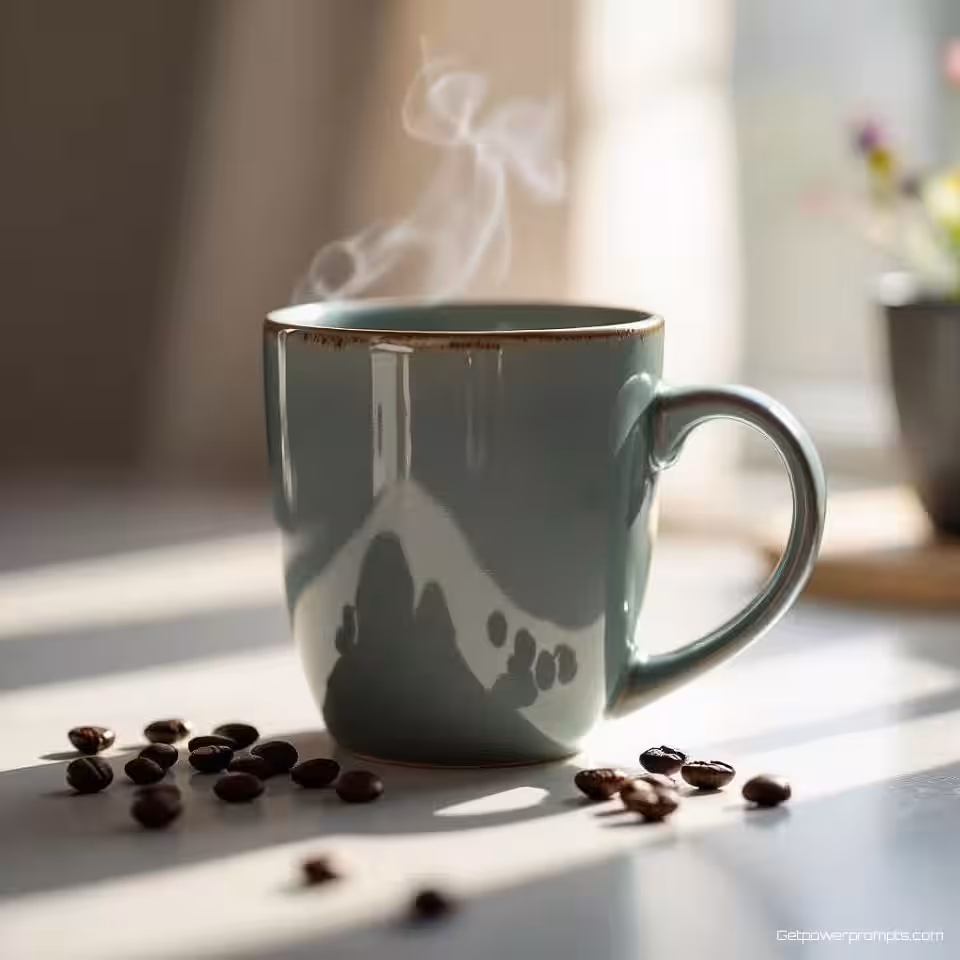 Keramische koffiemok, fotorealistisch, speels sfeer, close-up perspectief, zacht licht belichting, creatieve toepassing, innovatief gebruik, artistieke interpretatie, minimalistisch achtergrond, ondiepe scherptediepte, onverwachte context, conceptuele productfotografie