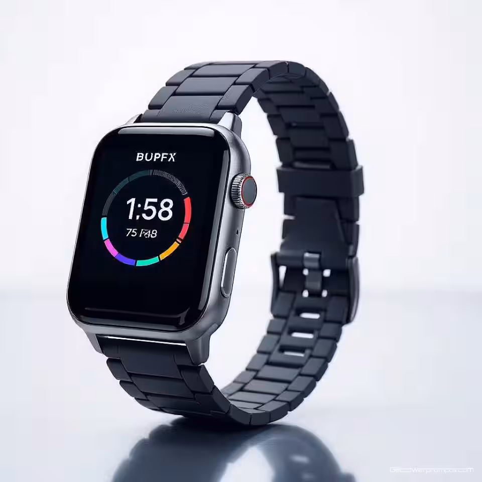 Fitness smartwatch, fotorealistisch, speels sfeer, close-up perspectief, zacht licht belichting, creatieve toepassing, innovatief gebruik, artistieke interpretatie, minimalistisch achtergrond, ondiepe scherptediepte, onverwachte context, conceptuele productfotografie