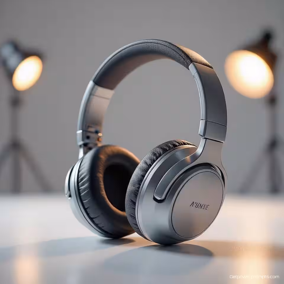 Draadloze hoofdtelefoon, fotorealistisch, speels sfeer, close-up perspectief, zacht licht belichting, creatieve toepassing, innovatief gebruik, artistieke interpretatie, minimalistisch achtergrond, ondiepe scherptediepte, onverwachte context, conceptuele productfotografie