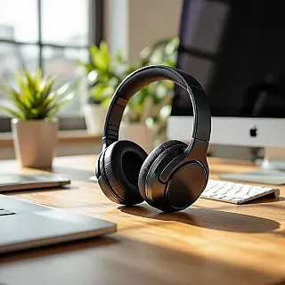 Draadloze hoofdtelefoon, lifestylefotografie, professioneel sfeer, close-up perspectief, natuurlijk licht verlichting, professionele werkomgeving, bureaupstelling context, productiviteitsesthetiek, natuurlijke integratie in werkroutine, minimalistisch kantoor achtergrond, authentiek professioneel gebruik, gedetailleerde kantooromgeving