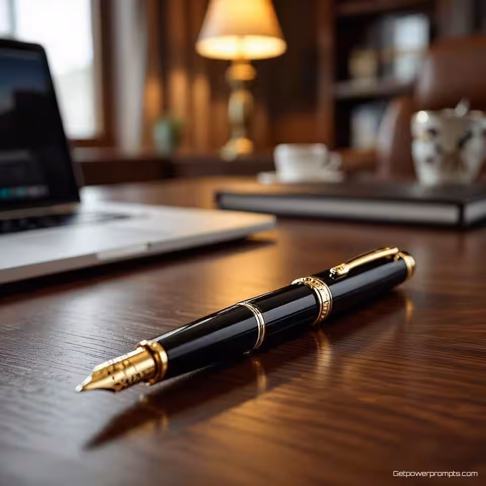 Executive pen, fotorealistisch, professioneel sfeer, close-up perspectief, natuurlijk licht verlichting, directiekantooromgeving, premium bureauopstelling, professionele integratie, authentiek zakelijk gebruik, minimalistisch achtergrond, scherpe focus op product, zakelijke esthetiek, verfijnde werkruimtedetails