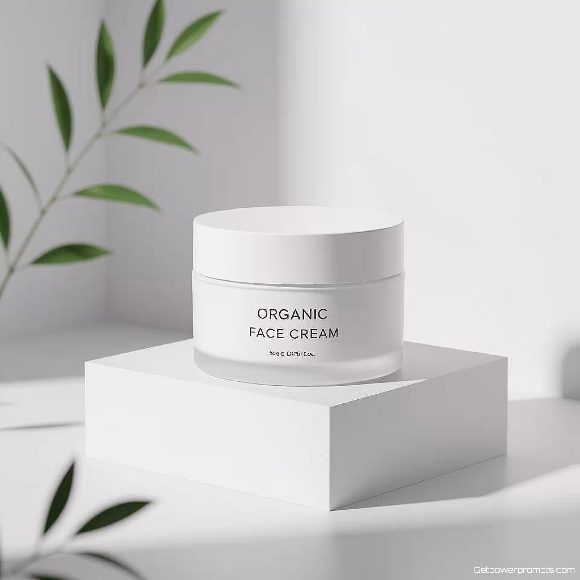 Organische gezichtscrème verpakking, 3D-rendering, minimalistische esthetiek, effen wit achtergrond, zacht studiolicht verlichting, schone geometrische compositie, alleen essentiële elementen, gebruik van negatieve ruimte, moderne commerciële presentatie, scherpe focus, professionele studiokwaliteit, monochroom zwart-wit