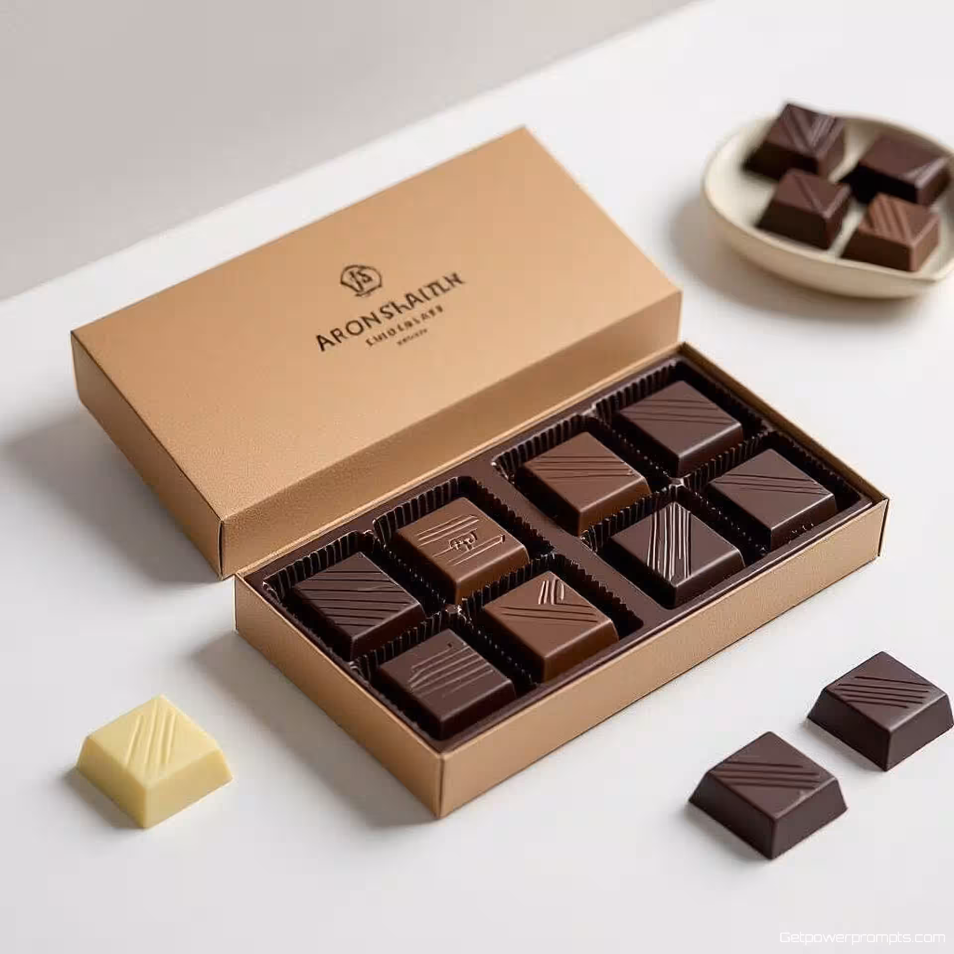 Ambachtelijke chocoladedoos verpakking, fotorealistisch, minimalistische esthetiek, effen wit achtergrond, zacht studiolicht verlichting, schone geometrische compositie, alleen essentiële elementen, gebruik van negatieve ruimte, moderne commerciële presentatie, scherpe focus, professionele studiokwaliteit, monochroom zwart-wit