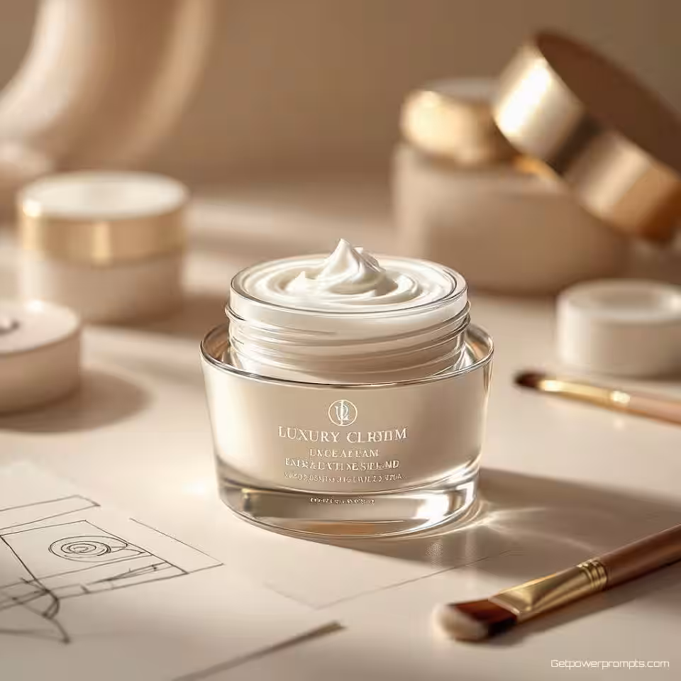 Luxe Gezichtscrème verpakkingsontwerpproces, fotorealistisch, close-up perspectief, zacht verlichting, creatief sfeer, visualisatie van creatieve workflow, fasen van ontwerpontwikkeling, reis van conceptontwikkeling, professionele studio-omgeving, ontwerpgereedschappen en schetsen, showcase van iteratief proces, artistieke ontwikkelingsnarratief, commerciële ontwerppresentatie, focus op gedetailleerd vakmanschap, aards en neutraal