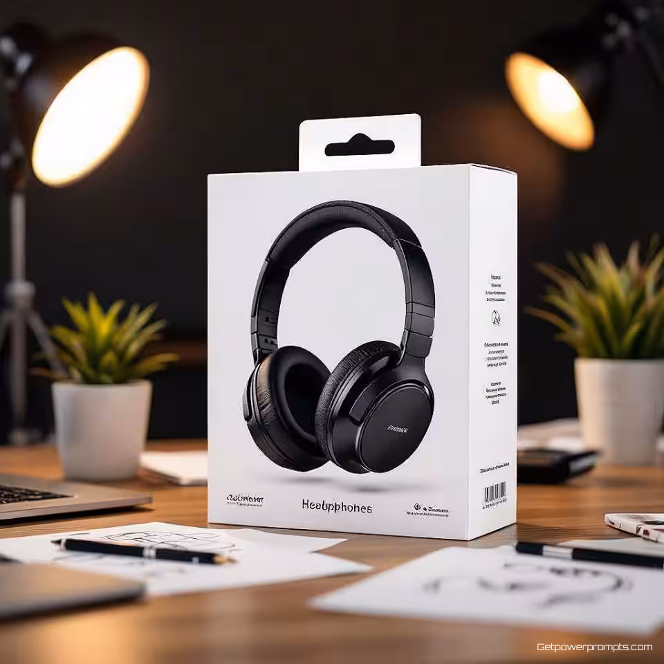 Draadloze Hoofdtelefoon verpakkingsontwerpproces, fotorealistisch, close-up perspectief, zacht verlichting, creatief sfeer, visualisatie van creatieve workflow, fasen van ontwerpontwikkeling, reis van conceptontwikkeling, professionele studio-omgeving, ontwerpgereedschappen en schetsen, showcase van iteratief proces, artistieke ontwikkelingsnarratief, commerciële ontwerppresentatie, focus op gedetailleerd vakmanschap, aards en neutraal