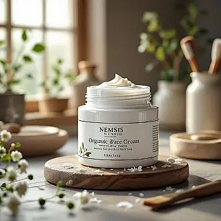 Organische Gezichtscrème verpakking, fotorealistisch, ontwerpstudio achtergrond, zacht daglicht verlichting, creatief sfeer, ontwerper studio omgeving, creatieve werkruimte setting, ontwerpgereedschappen zichtbaar, professionele ontwerpstudio, authentiek creatief proces, commerciële fotografie, natuurlijke compositie, gedetailleerde vakmanschap focus