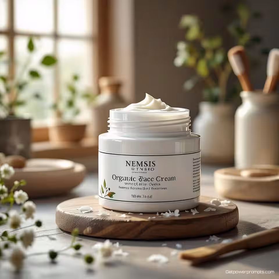 Organische Gezichtscrème verpakking, fotorealistisch, ontwerpstudio achtergrond, zacht daglicht verlichting, creatief sfeer, ontwerper studio omgeving, creatieve werkruimte setting, ontwerpgereedschappen zichtbaar, professionele ontwerpstudio, authentiek creatief proces, commerciële fotografie, natuurlijke compositie, gedetailleerde vakmanschap focus