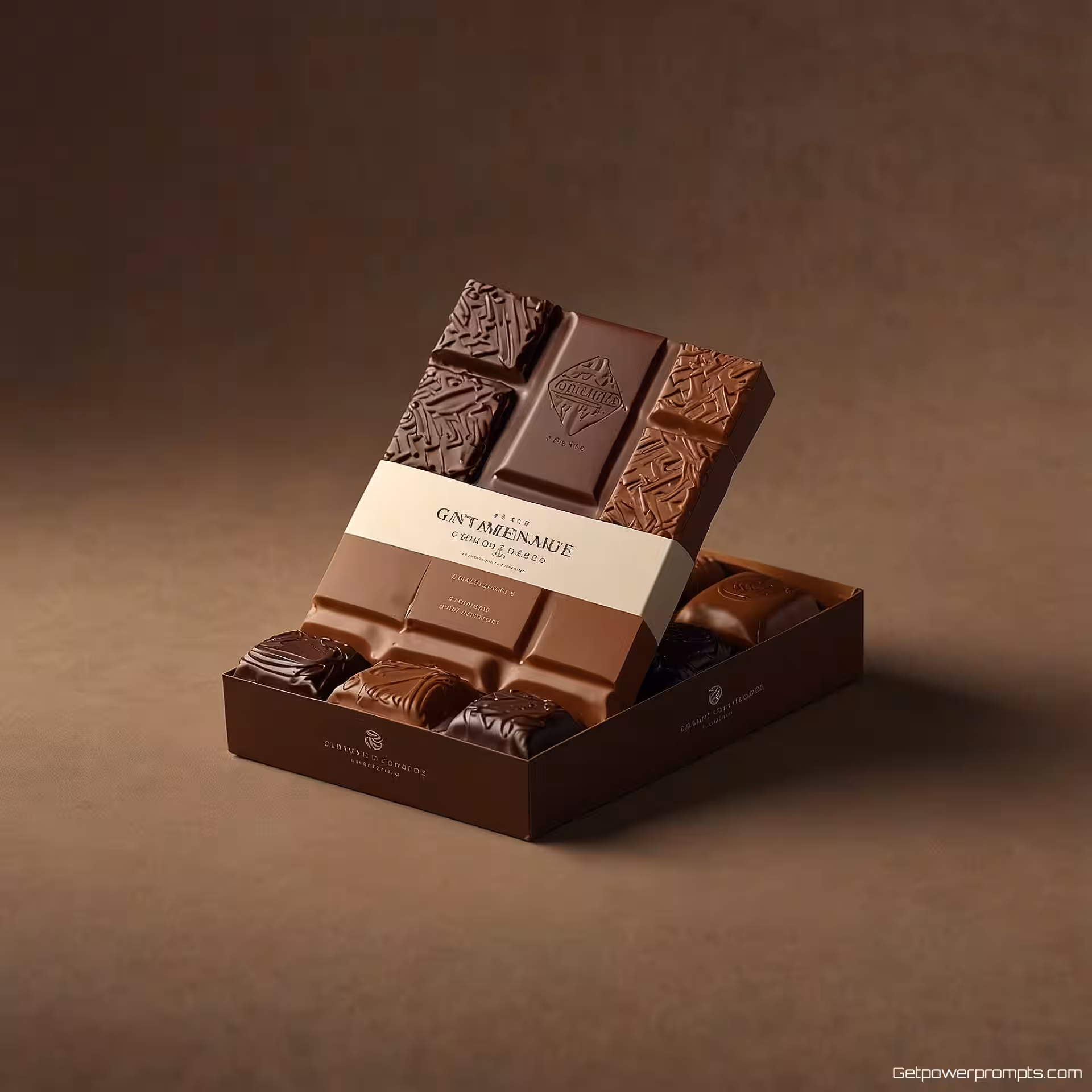 Ambachtelijke Chocolade verpakkingsmockup, 3D render, gradiënt achtergrond achtergrond, natuurlijk licht verlichting, professionele presentatie, schone lay-out, commerciële kwaliteit, scherpe details, studio-esthetiek, warme aardetinten