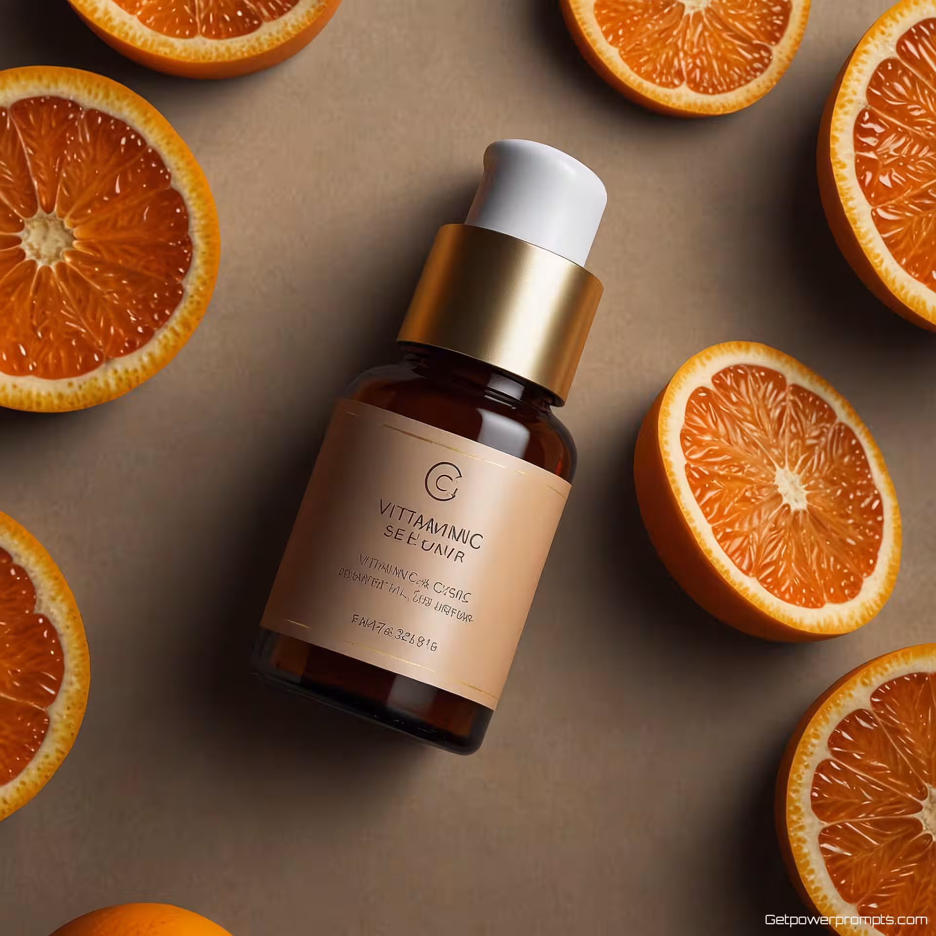 Vitamine C Serum verpakkingsmockup, fotorealistisch, studio achtergrond achtergrond, zacht licht verlichting, professionele presentatie, schone lay-out, commerciële kwaliteit, scherpe details, studio-esthetiek, warme aardetinten