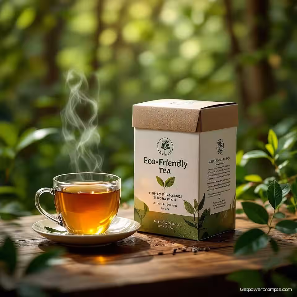 Milieuvriendelijke Thee duurzame verpakking, fotorealistisch, natuurlijke omgeving achtergrond, zacht natuurlijk licht verlichting, rustgevend sfeer, milieuverhaal, eco-bewust branding, natuurlijke materialen showcase, duurzaam ontwerp narratief, professionele commerciële fotografie, authentieke presentatie, aardvriendelijke esthetiek