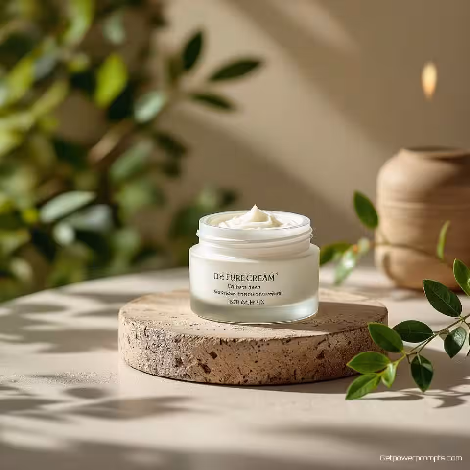 Natuurlijke Gezichtscrème duurzame verpakking, fotorealistisch, natuurlijke omgeving achtergrond, zacht natuurlijk licht verlichting, rustgevend sfeer, milieuverhaal, eco-bewust branding, natuurlijke materialen showcase, duurzaam ontwerp narratief, professionele commerciële fotografie, authentieke presentatie, aardvriendelijke esthetiek