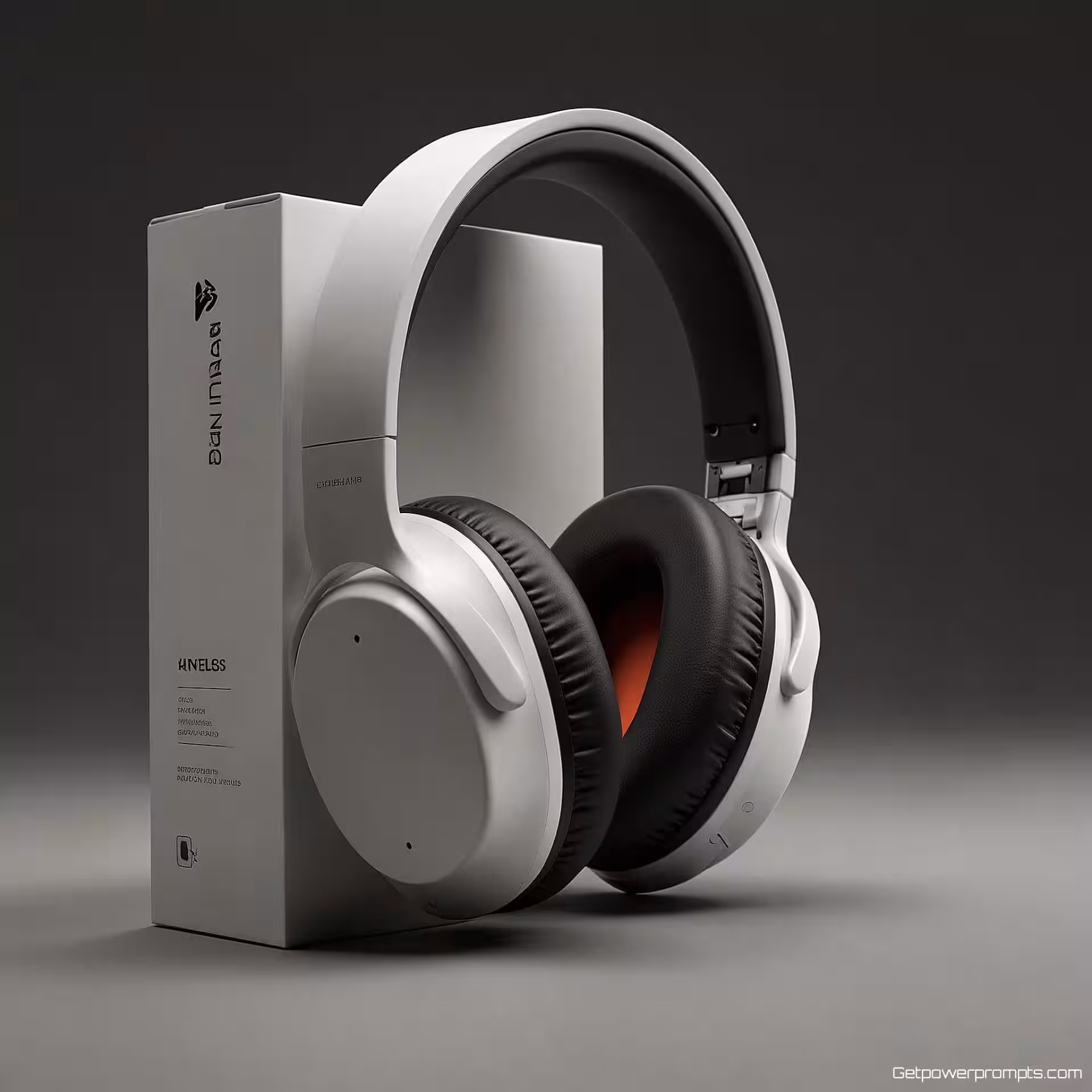 Draadloze Koptelefoon verpakking, 3D render, schone witte achtergrond, zacht omgevingslicht verlichting, professionele productpresentatie, schone compositie, commerciële esthetiek, scherpe focus, studiokwaliteit