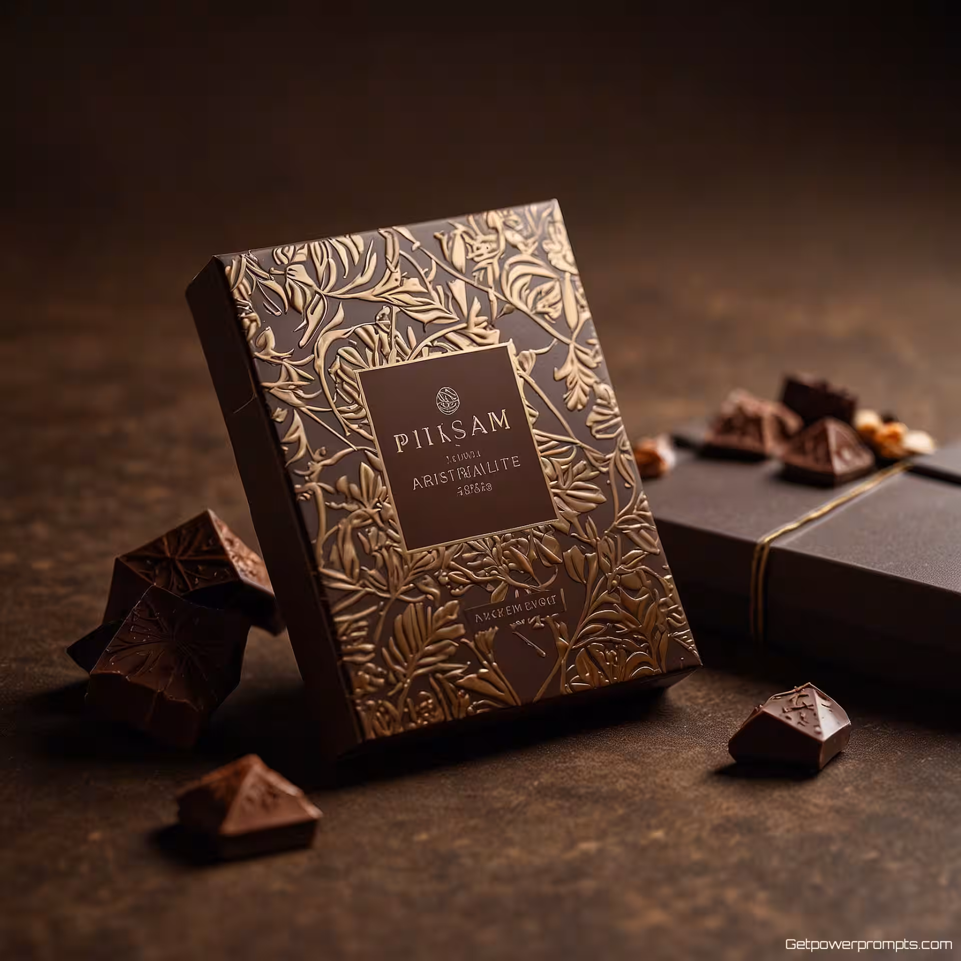 Ambachtelijke Chocolade verpakking, luxe esthetiek, lifestyle setting achtergrond, natuurlijk licht verlichting, professionele productpresentatie, schone compositie, commerciële esthetiek, scherpe focus, studiokwaliteit