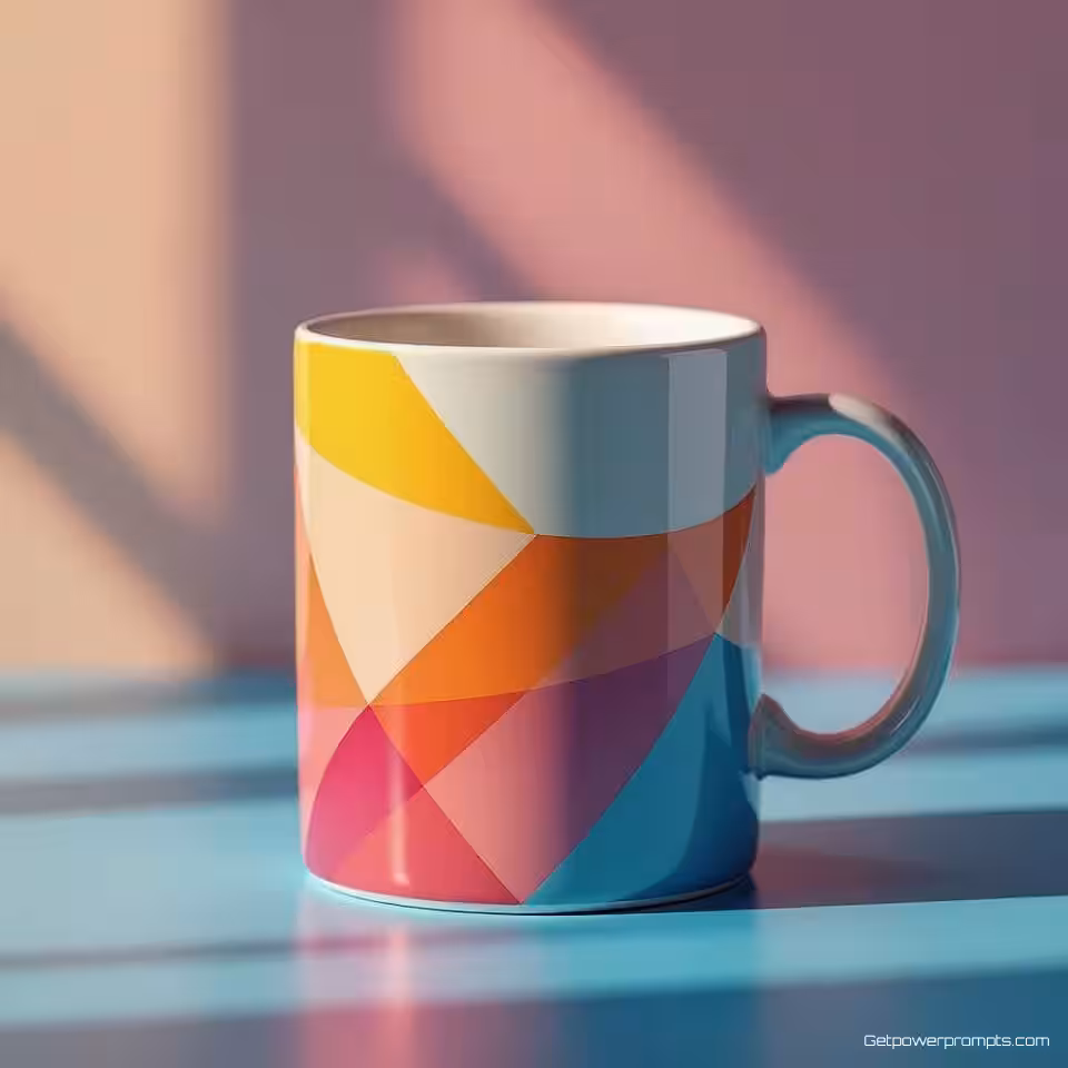 Koffiemok, abstract geometrisch ontwerp, minimalistisch, gradiënt achtergrond, studiobelichting verlichting, pastelkleuren, promotiebanner ontwerp, moderne esthetiek, schone lijnen, professionele weergave, scherpe focus, commerciële aantrekkingskracht