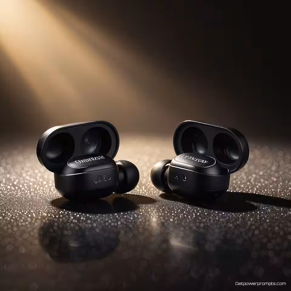 Draadloze oortjes, cinematische productfotografie, donker verloop achtergrond, dramatische spotlight verlichting, luxueus sfeer, dramatische compositie, promotiebanner ontwerp, professionele esthetiek, scherpe focus, commerciële aantrekkingskracht, monochroom