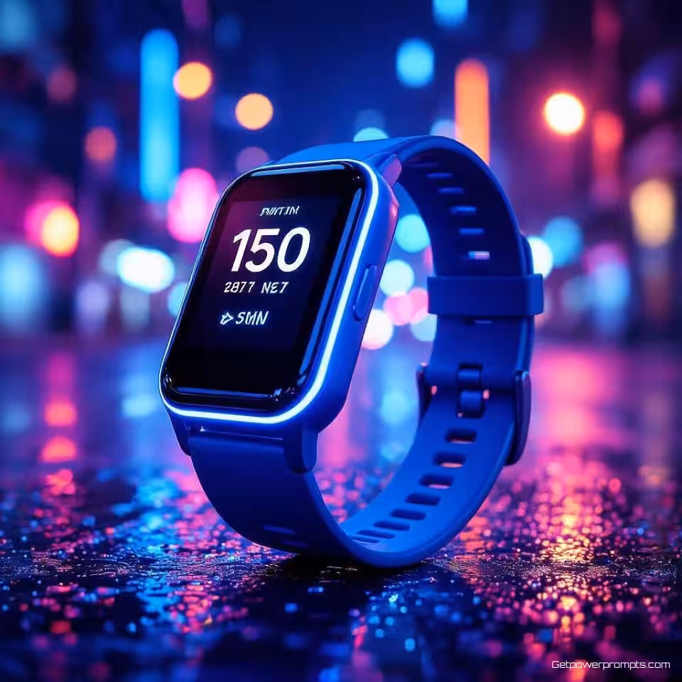 Fitness Tracker, neon gloed fotografie, donker stads achtergrond, dramatische verlichting verlichting, energiek sfeer, cyaan en magenta, promotionele banner ontwerp, levendige neon accenten, commerciële esthetiek, scherpe focus, gloeiende productweergave, moderne urbane stijl