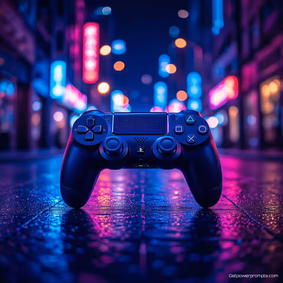 Gaming Console, neon gloed fotografie, donker stads achtergrond, dramatische verlichting verlichting, energiek sfeer, cyaan en magenta, promotionele banner ontwerp, levendige neon accenten, commerciële esthetiek, scherpe focus, gloeiende productweergave, moderne urbane stijl