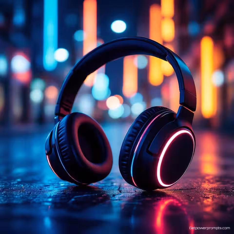 Draadloze Hoofdtelefoon, neon gloed fotografie, donker stads achtergrond, dramatische verlichting verlichting, energiek sfeer, cyaan en magenta, promotionele banner ontwerp, levendige neon accenten, commerciële esthetiek, scherpe focus, gloeiende productweergave, moderne urbane stijl