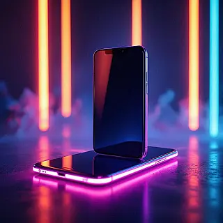 Nieuwste smartphonemodel, gloedfotografie, donkere studio achtergrond, neon achtergrondverlichting verlichting, mysterieus sfeer, koele tinten, promotiebanner ontwerp, commerciële esthetiek, scherpe focus, etherisch gloeiend effect, professionele productpresentatie, lichtgevende randen, stralende verlichting