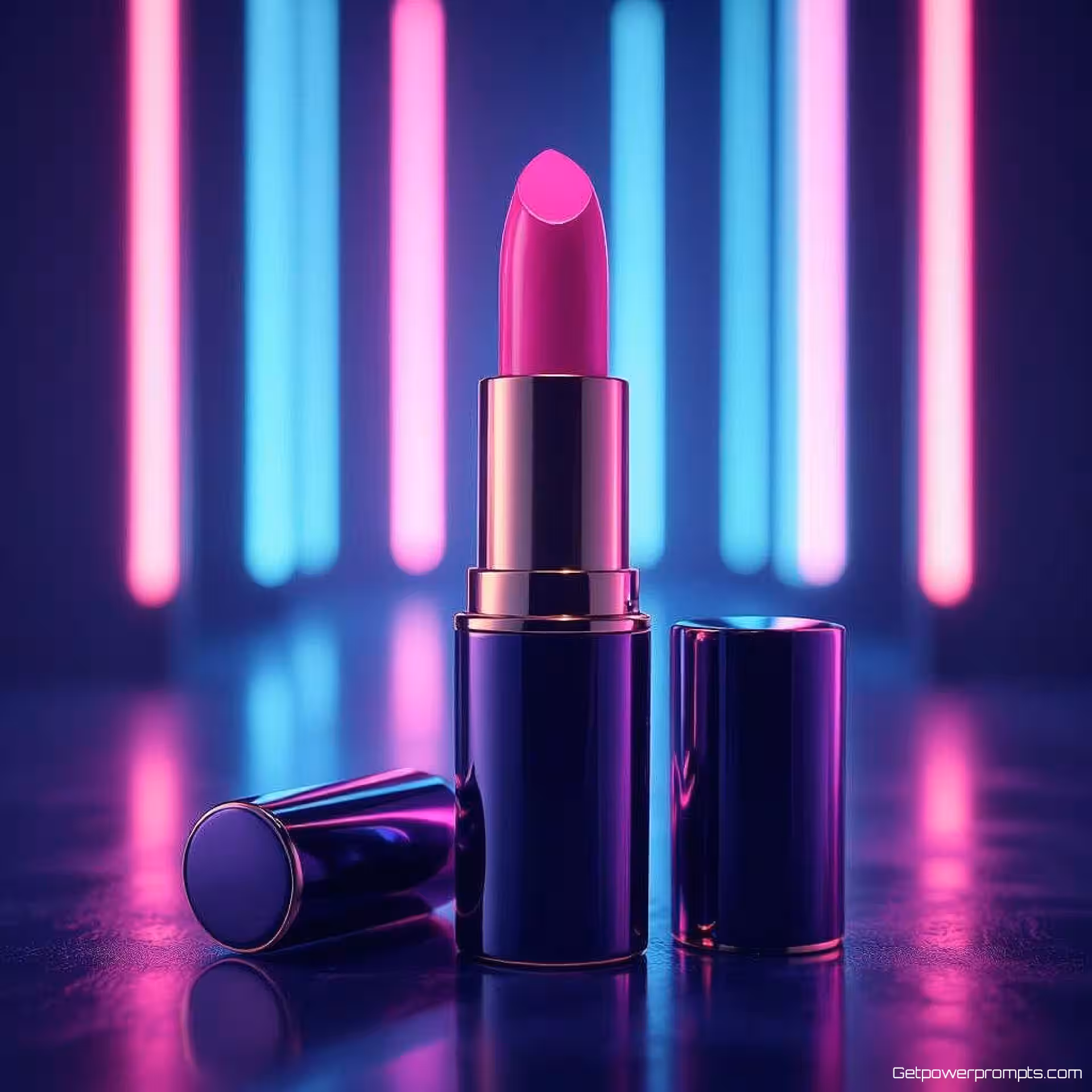 Luxe lippenstift, gloedfotografie, donkere studio achtergrond, neon achtergrondverlichting verlichting, mysterieus sfeer, koele tinten, promotiebanner ontwerp, commerciële esthetiek, scherpe focus, etherisch gloeiend effect, professionele productpresentatie, lichtgevende randen, stralende verlichting