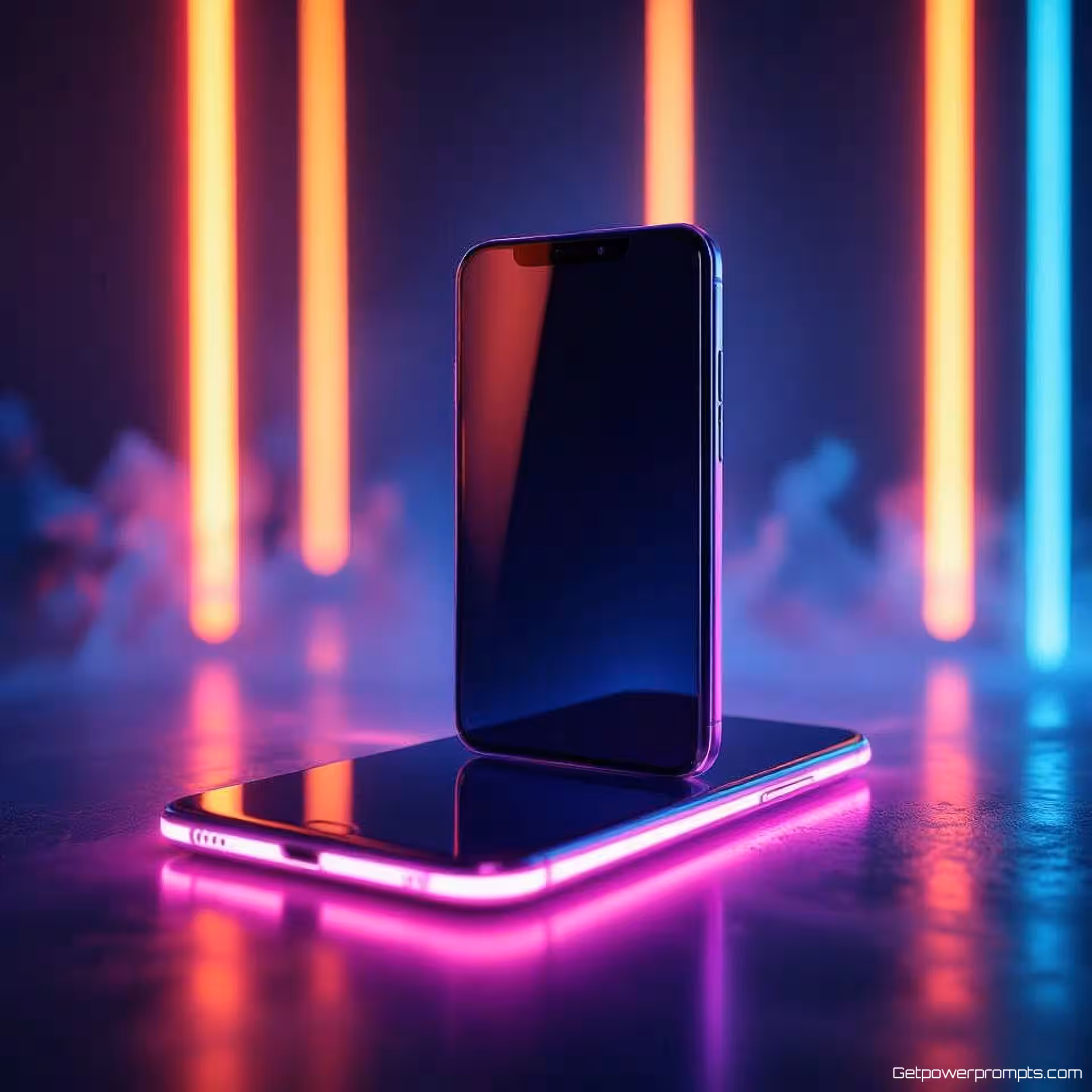 Nieuwste smartphonemodel, gloedfotografie, donkere studio achtergrond, neon achtergrondverlichting verlichting, mysterieus sfeer, koele tinten, promotiebanner ontwerp, commerciële esthetiek, scherpe focus, etherisch gloeiend effect, professionele productpresentatie, lichtgevende randen, stralende verlichting