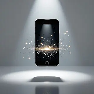 Smartphone, zwevende productfotografie, studiowit achtergrond, dramatische spotlight verlichting, magisch sfeer, vogelperspectief perspectief, promotiebanner ontwerp, zwevende elementen, zwaartekracht-tartende compositie, commerciële esthetiek, scherpe focus, dynamische opstelling, professionele productweergave