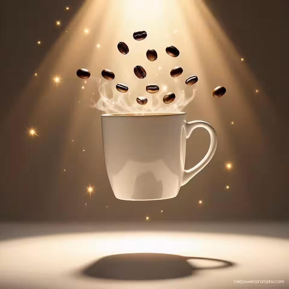 Koffiemok, zwevende productfotografie, studiowit achtergrond, dramatische spotlight verlichting, magisch sfeer, vogelperspectief perspectief, promotiebanner ontwerp, zwevende elementen, zwaartekracht-tartende compositie, commerciële esthetiek, scherpe focus, dynamische opstelling, professionele productweergave