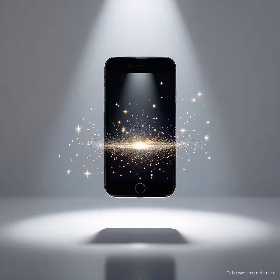 Smartphone, zwevende productfotografie, studiowit achtergrond, dramatische spotlight verlichting, magisch sfeer, vogelperspectief perspectief, promotiebanner ontwerp, zwevende elementen, zwaartekracht-tartende compositie, commerciële esthetiek, scherpe focus, dynamische opstelling, professionele productweergave